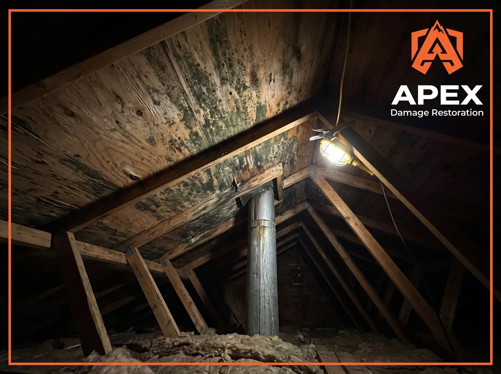Mold growth on attic roof and wooden framing
