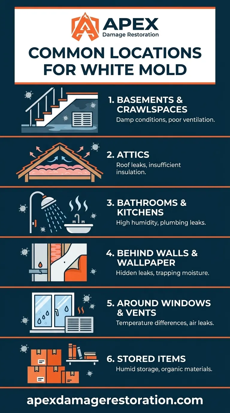 infographic showing common locations where white mold grows