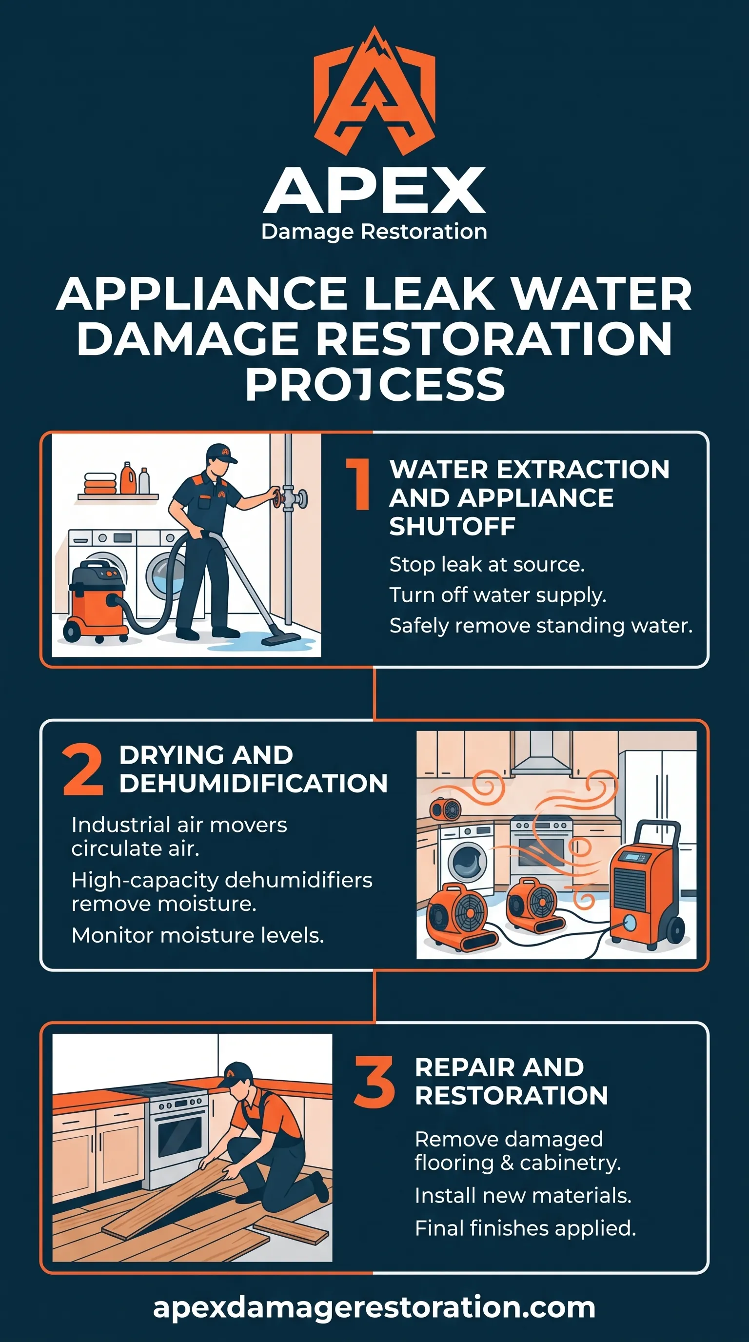 Appliance Leak Water Damage Restoration Process Infographic