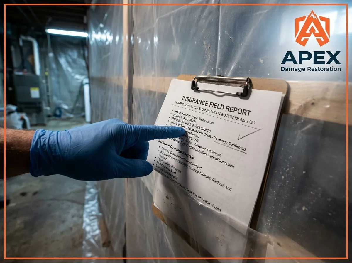 Apex Damage Restoration technician reviewing an insurance field report
