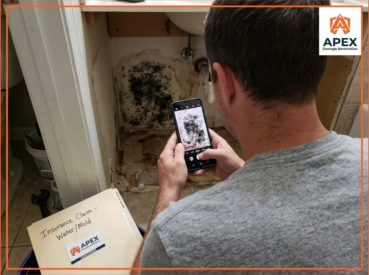 homeowner spotting black mold below a bathroom sink