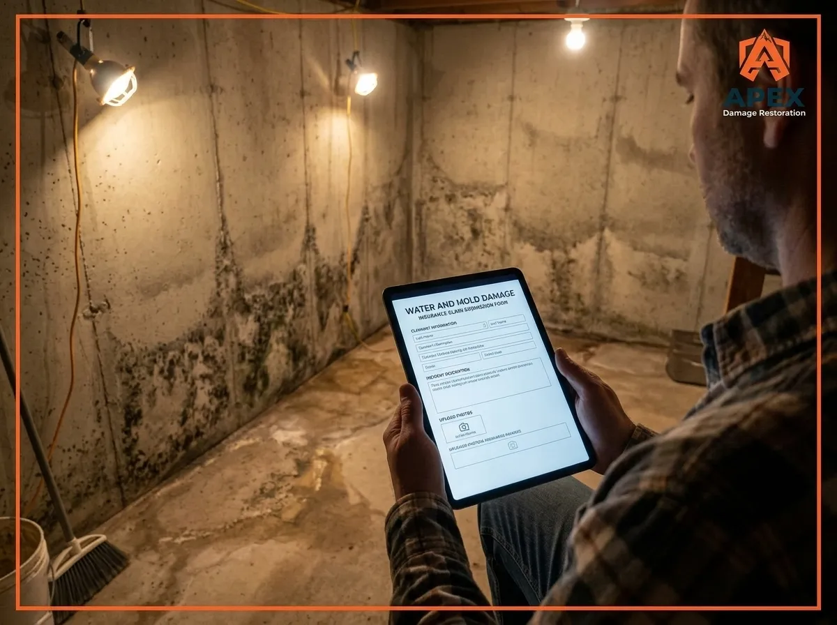 homeowner examining water and mold damage on a wall