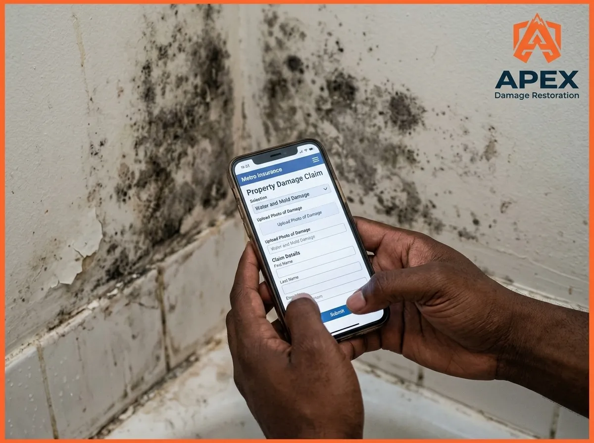 homeowner examining black mold on wall while reviewing renters insurance