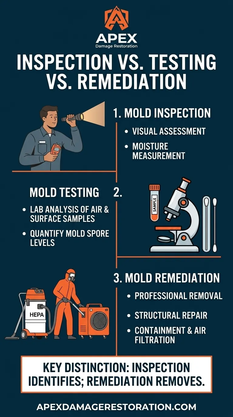 mold inspection vs. testing vs. remediation infographic