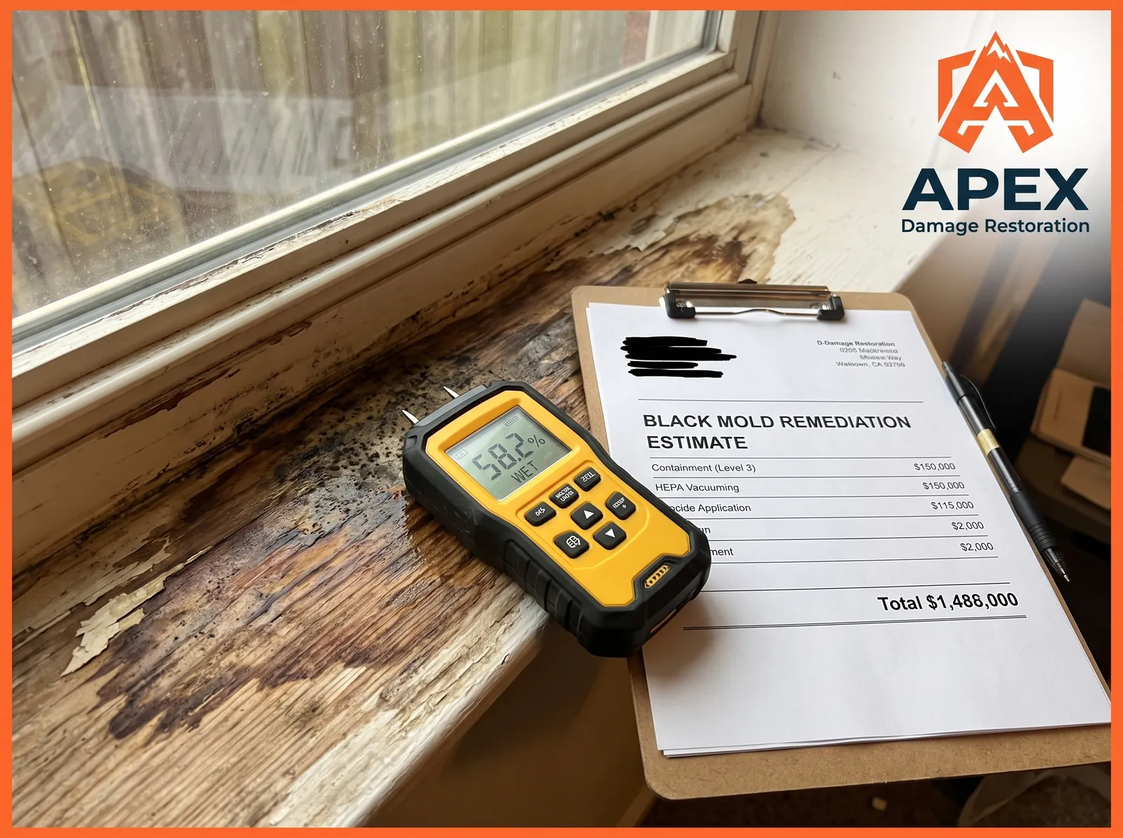 Black mold removal cost estimate with moisture meter