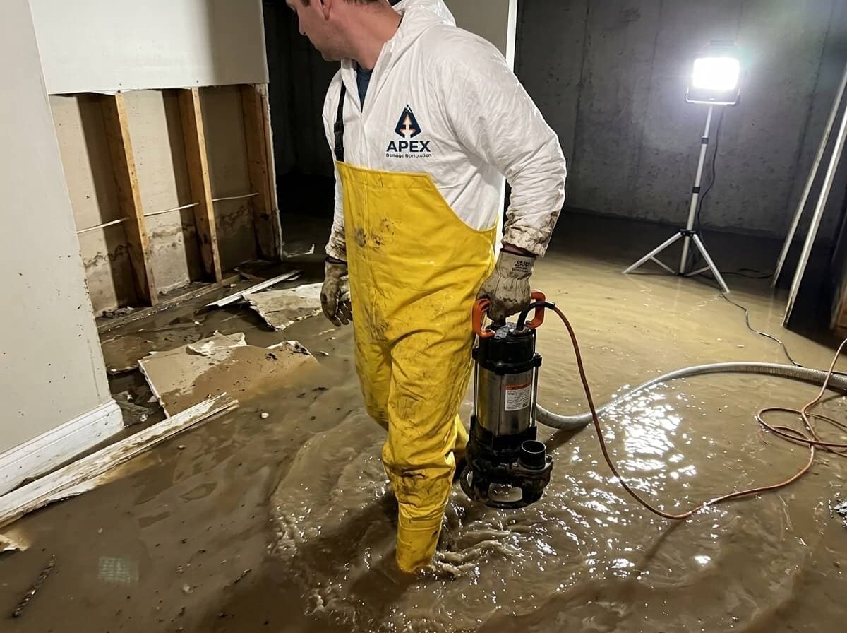 Apex Technician Wading Flooded Basement in Aurora CO