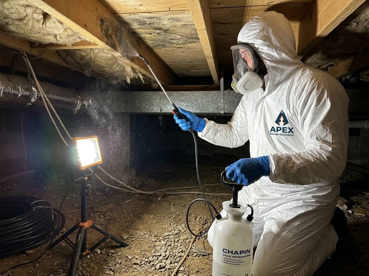 Mold Remediation Technician Applying Antimicrobial Spray in Aurora CO