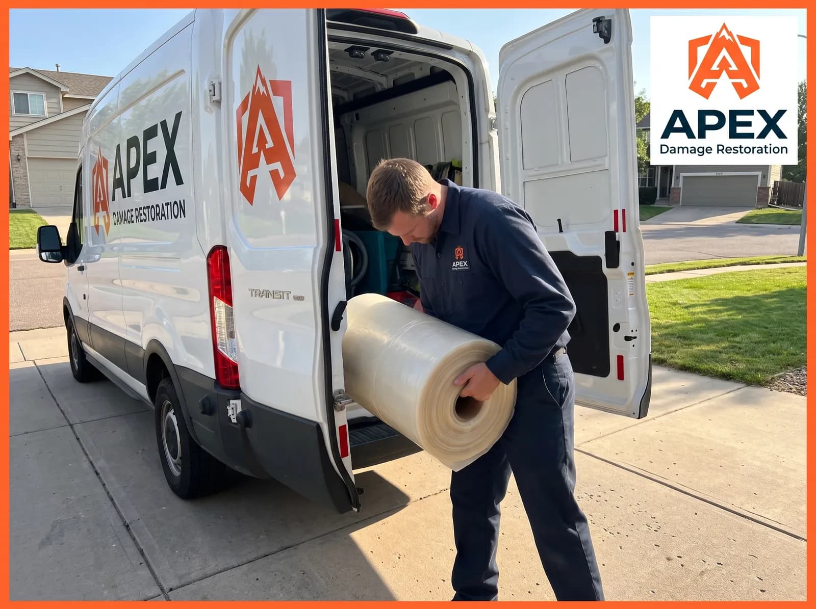 Apex Damage Restoration technician unloading mold containment sheeting