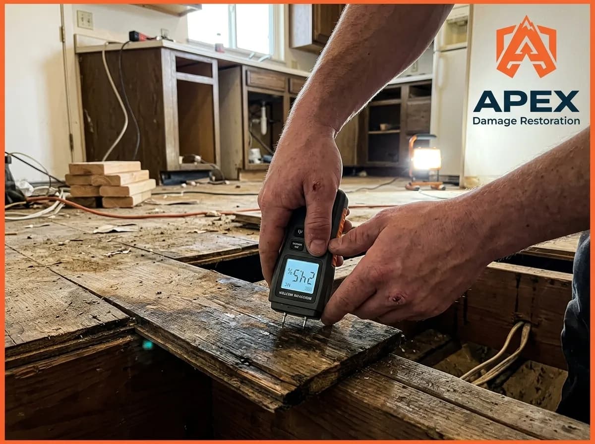 Apex Damage Restoration technician inspecting water damaged flooring in Centennial