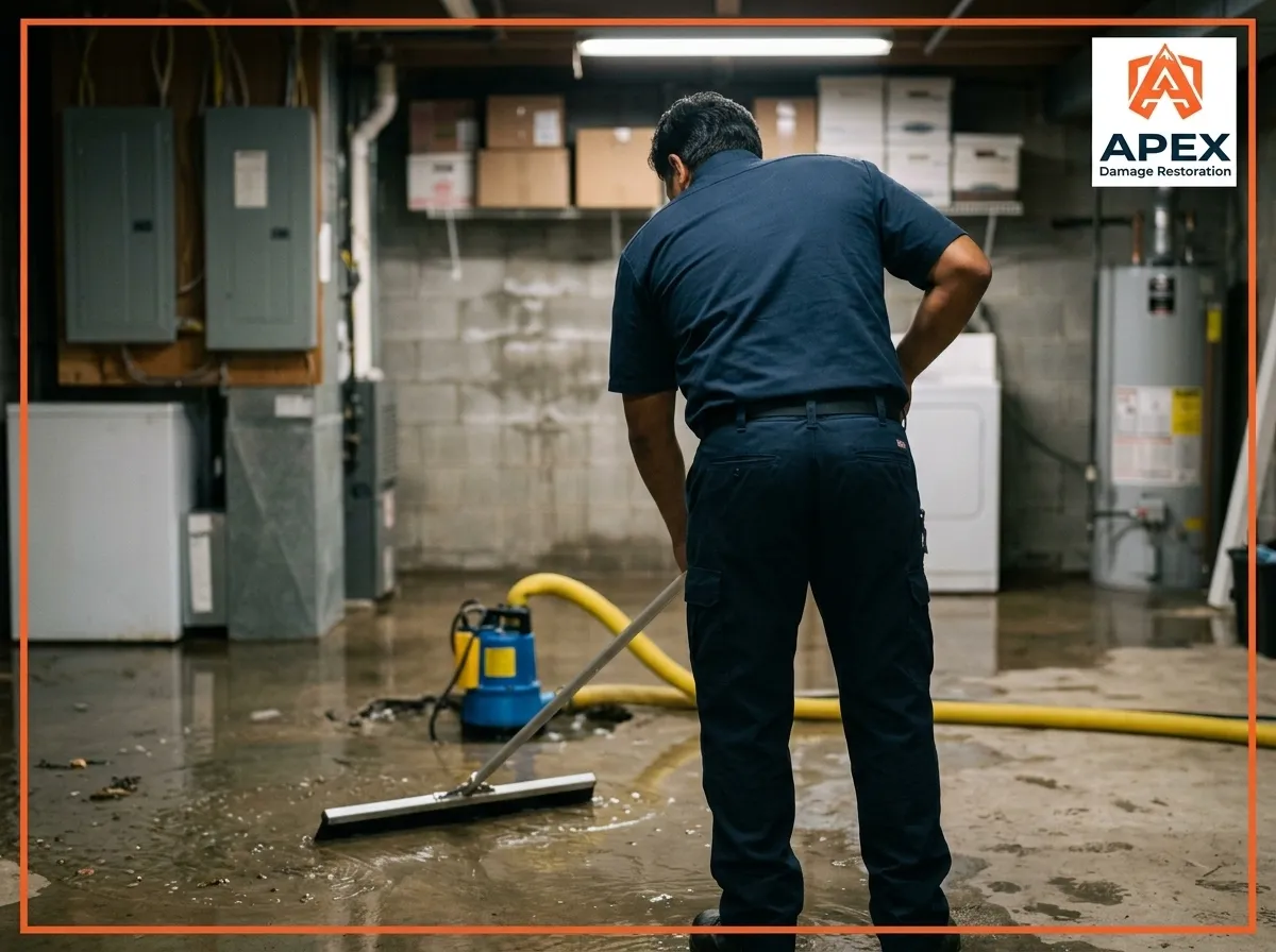 Apex Damage Restoration technician wiping water from a floor in Centennial