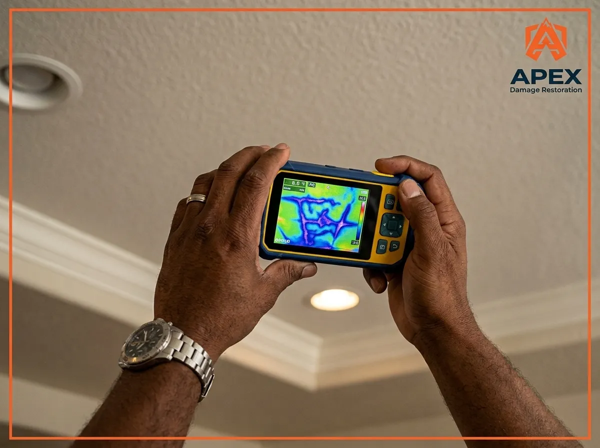 Apex Damage Restoration Littleton technician inspecting ceiling water damage