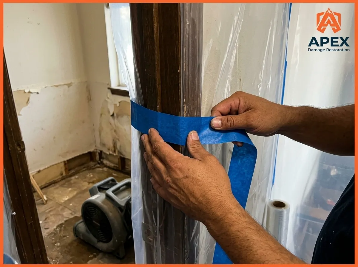 Apex Damage Restoration team sealing an area with plastic sheeting in Littleton
