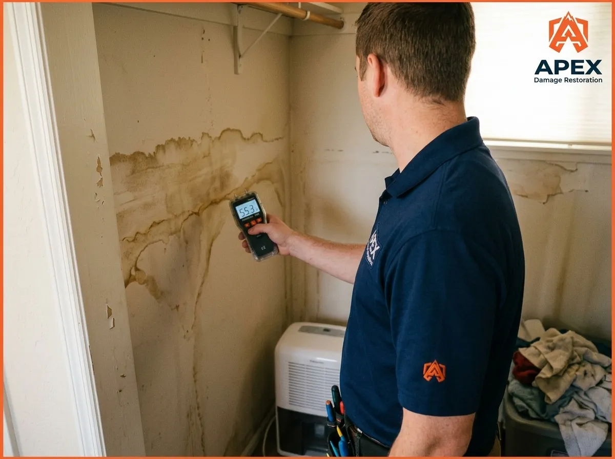 Apex Damage Restoration Littleton technician inspecting wall water damage