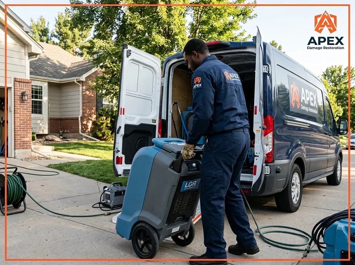 Apex Damage Restoration Littleton technician unloading water damage restoration equipment