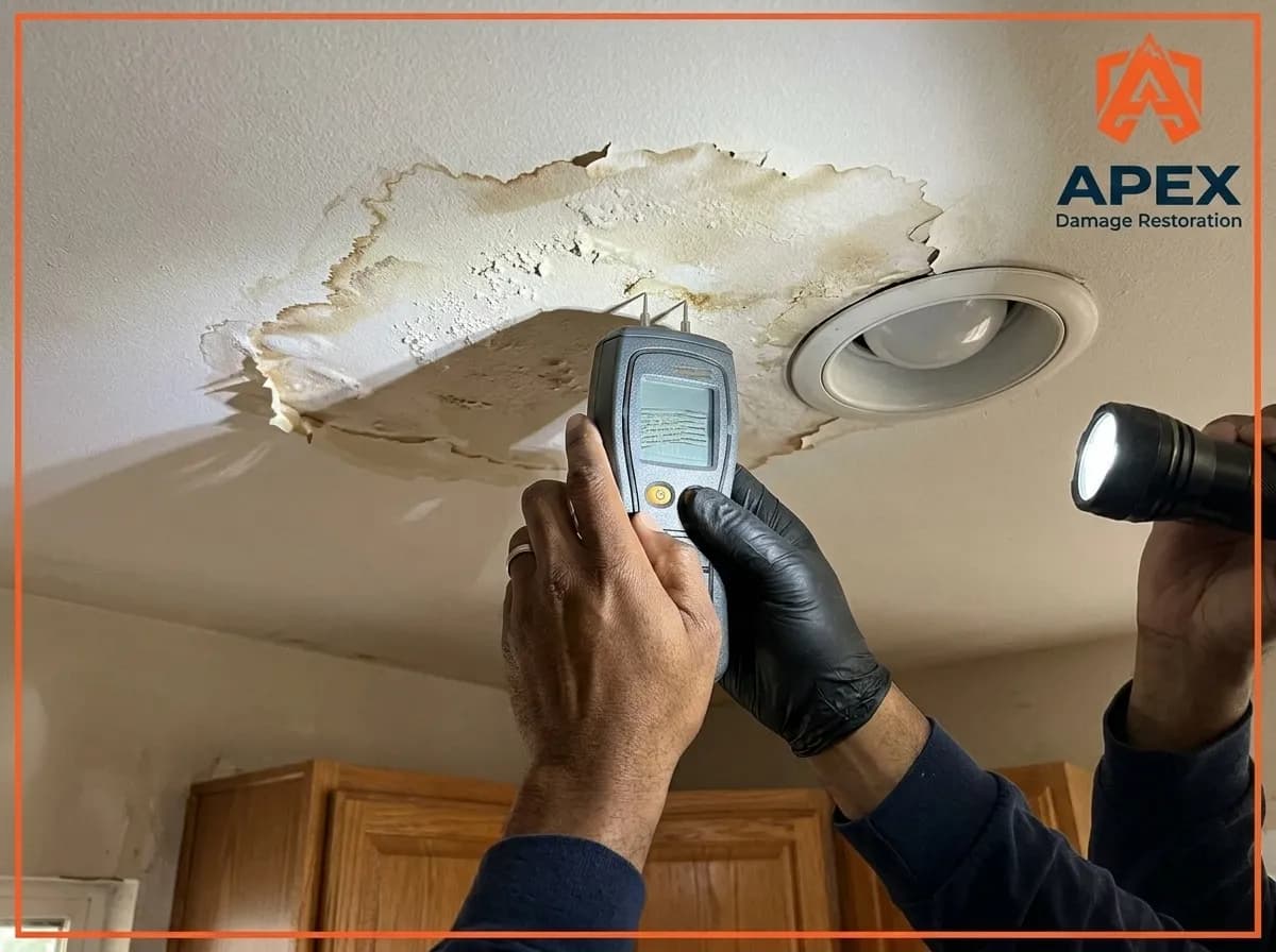 Apex Damage Restoration Littleton technician inspecting a water damaged wall