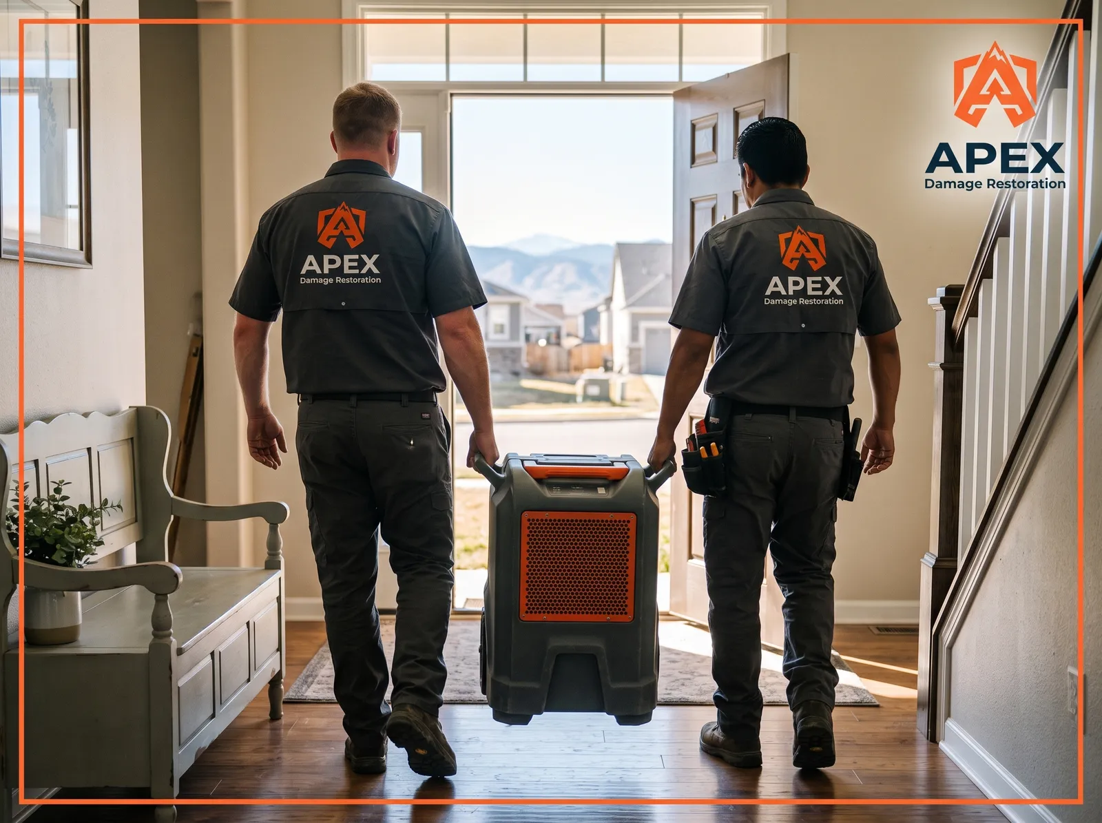 Apex Damage Restoration team carrying water damage restoration equipment