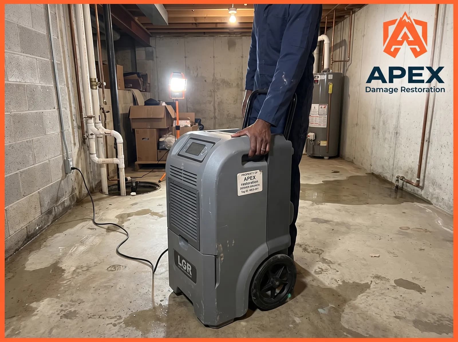 water damage restoration equipment in a basement